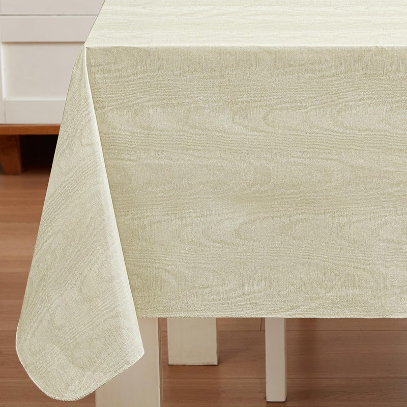 Newbridge Vinyl Flannel Backed Tablecloth, 60 x 84 Inch Rectangle, Beige Moire Wavy Solid Design, Heavyweight Indoor Outdoor Waterproof Table Cover, Easy Care Wipe Clean - Image 1